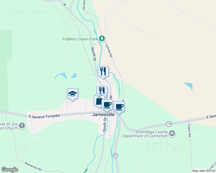 map of restaurants, bars, coffee shops, grocery stores, and more near 4613 North Street in Jamesville