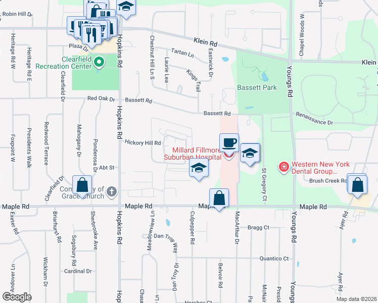 map of restaurants, bars, coffee shops, grocery stores, and more near 42 Hickory Hill Road in Buffalo