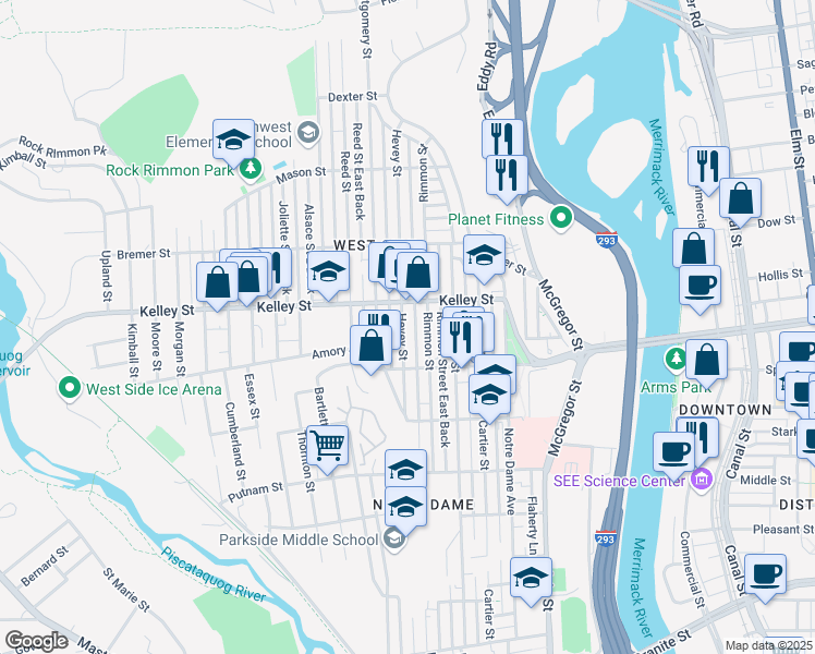 map of restaurants, bars, coffee shops, grocery stores, and more near 503 Hevey Street in Manchester