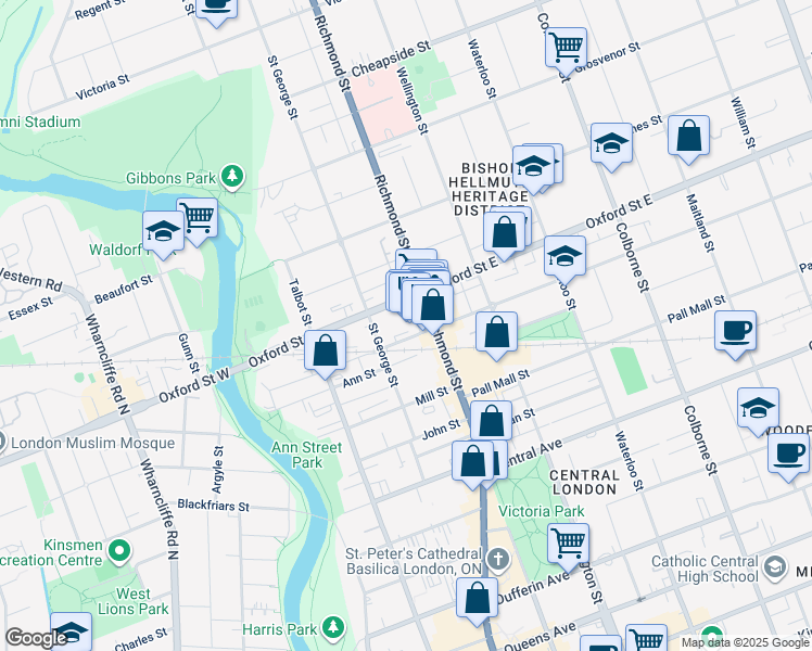 map of restaurants, bars, coffee shops, grocery stores, and more near 206 Piccadilly Street in London
