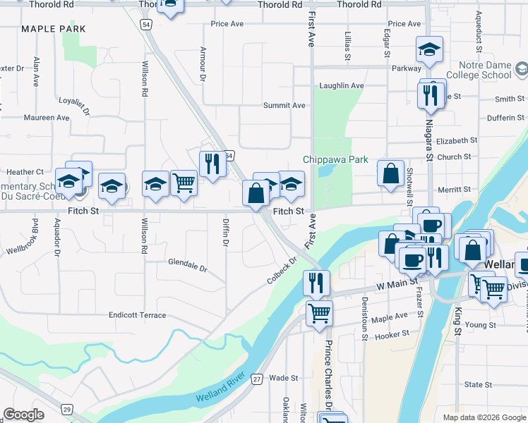 map of restaurants, bars, coffee shops, grocery stores, and more near Prince Charles Drive North in Welland