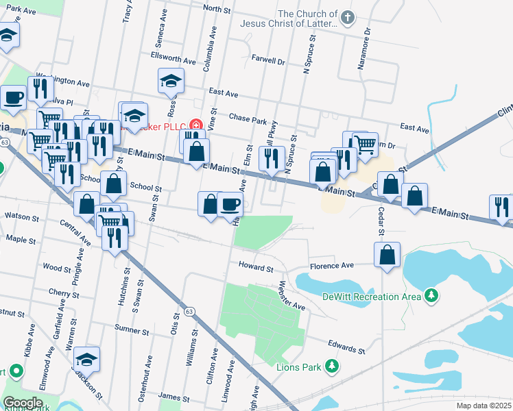 map of restaurants, bars, coffee shops, grocery stores, and more near 15 McKinley Ave in Batavia