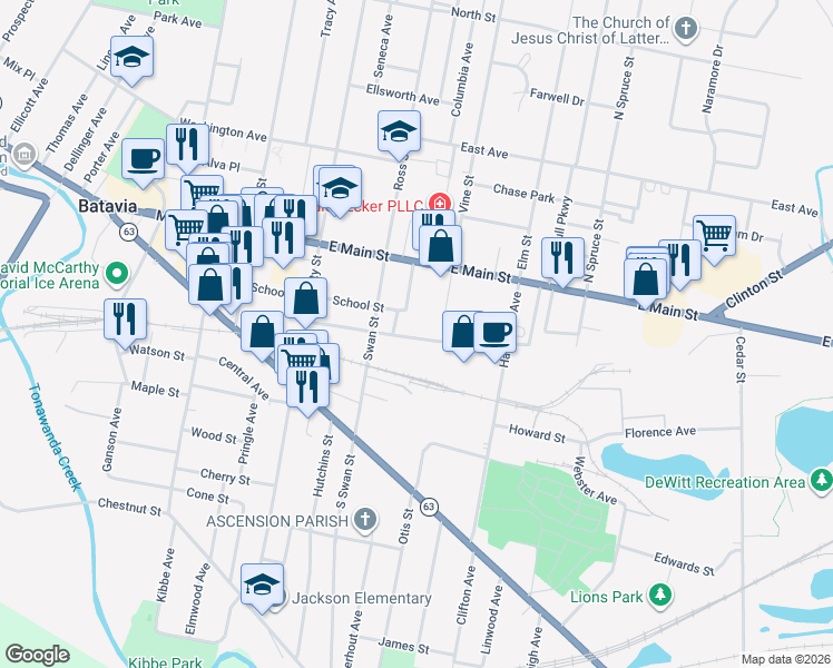 map of restaurants, bars, coffee shops, grocery stores, and more near 29 Swan Street in Batavia