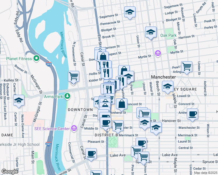 map of restaurants, bars, coffee shops, grocery stores, and more near 1155 Elm Street in Manchester