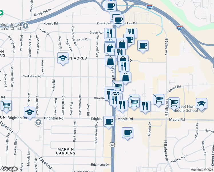 map of restaurants, bars, coffee shops, grocery stores, and more near 129 Glenhurst Road in Tonawanda