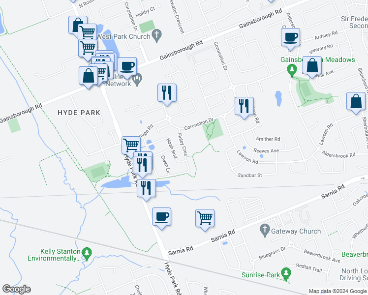 map of restaurants, bars, coffee shops, grocery stores, and more near 1872 Finley Crescent in London