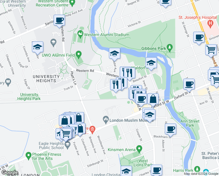 map of restaurants, bars, coffee shops, grocery stores, and more near 56 Essex Street in London