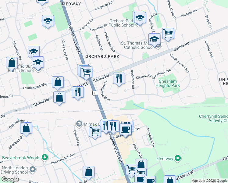map of restaurants, bars, coffee shops, grocery stores, and more near 89 Paperbirch Crescent in London