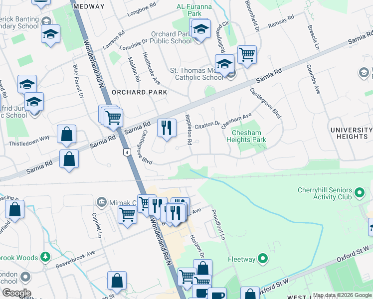 map of restaurants, bars, coffee shops, grocery stores, and more near 422 Rippleton Road in London