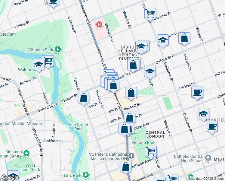 map of restaurants, bars, coffee shops, grocery stores, and more near 725 Richmond Street in London