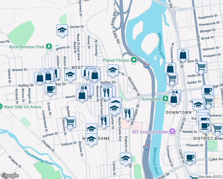 map of restaurants, bars, coffee shops, grocery stores, and more near 465 Cartier Street in Manchester