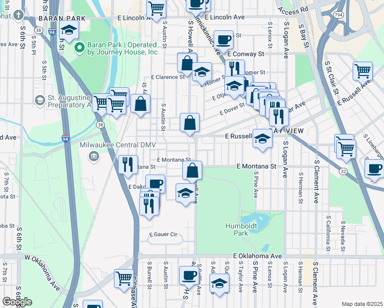 map of restaurants, bars, coffee shops, grocery stores, and more near 2751 South Howell Avenue in Milwaukee