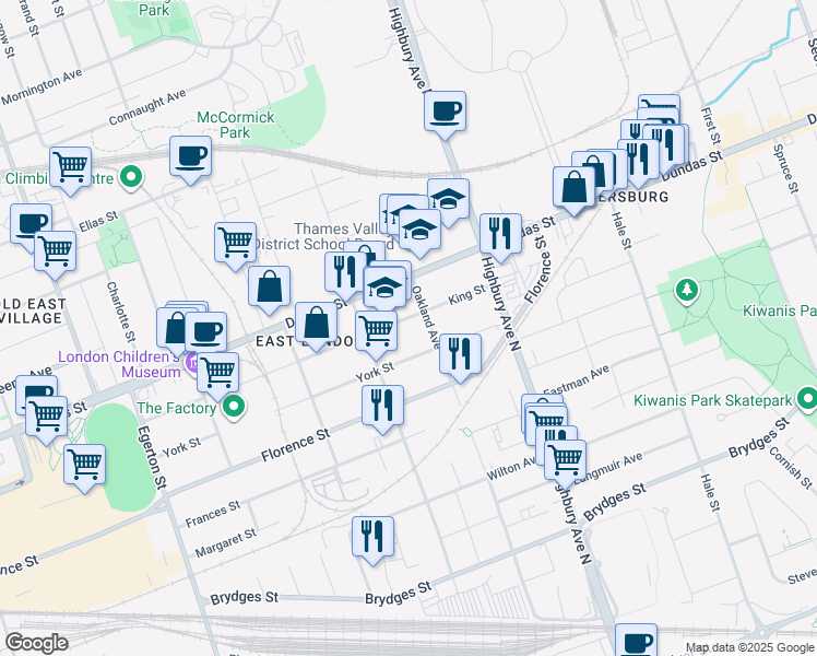 map of restaurants, bars, coffee shops, grocery stores, and more near 1237 King Street in London