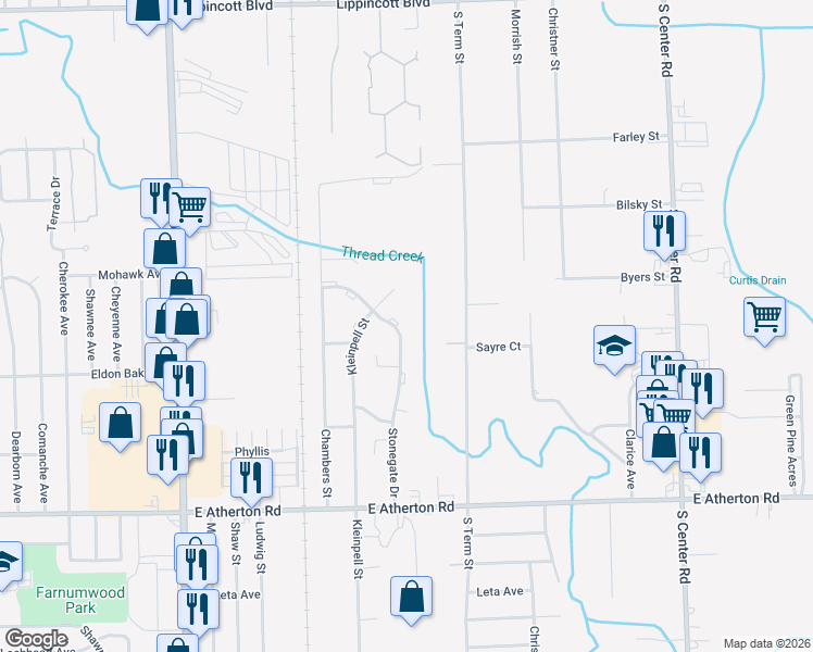 map of restaurants, bars, coffee shops, grocery stores, and more near 3105 Stonegate Drive in Flint