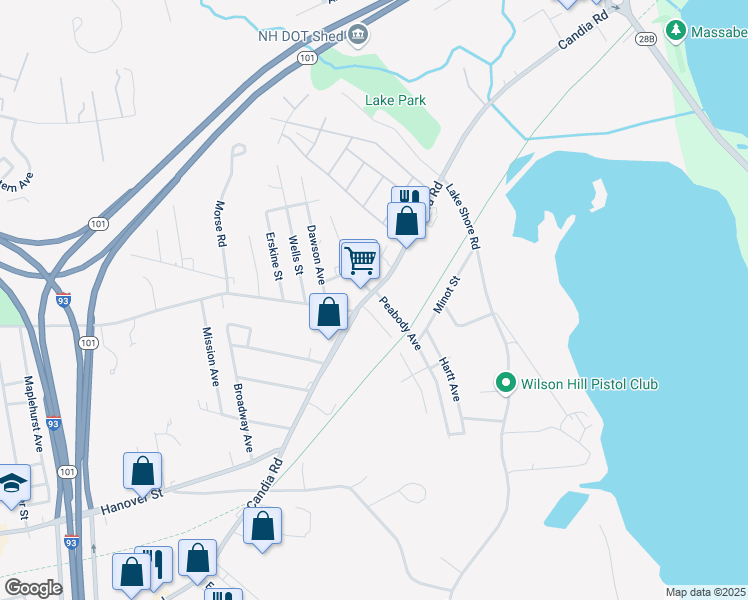 map of restaurants, bars, coffee shops, grocery stores, and more near 1531 Candia Road in Manchester
