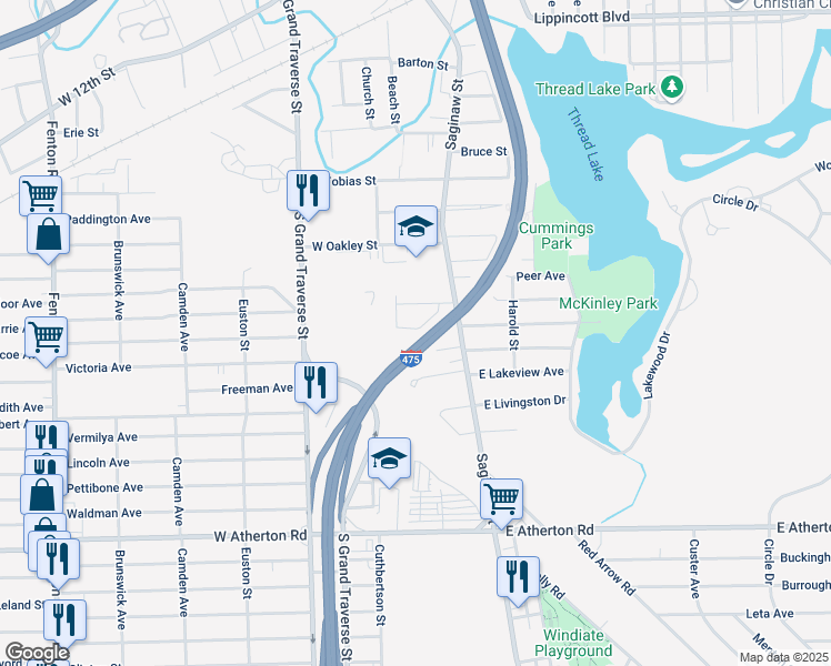 map of restaurants, bars, coffee shops, grocery stores, and more near 217 Belvidere Avenue in Flint