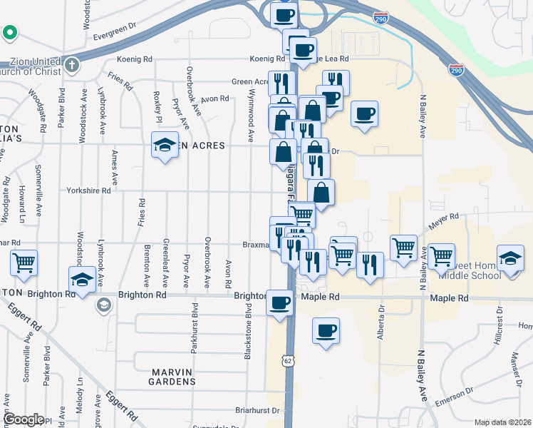 map of restaurants, bars, coffee shops, grocery stores, and more near 129 Glenhurst Road in Tonawanda