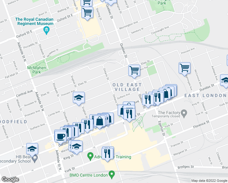 map of restaurants, bars, coffee shops, grocery stores, and more near 506 Ontario Street in London