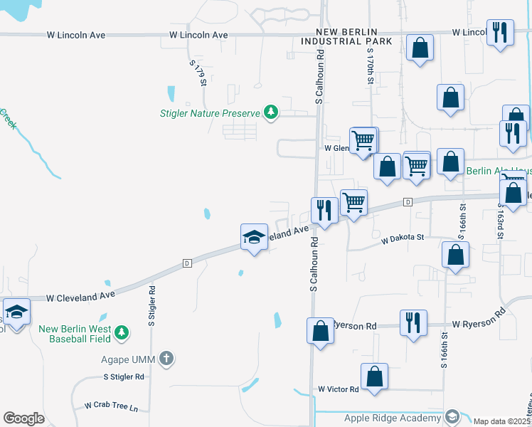 map of restaurants, bars, coffee shops, grocery stores, and more near 17310-7444 West Cleveland Avenue in New Berlin