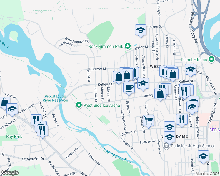 map of restaurants, bars, coffee shops, grocery stores, and more near 85 Morgan Street in Manchester