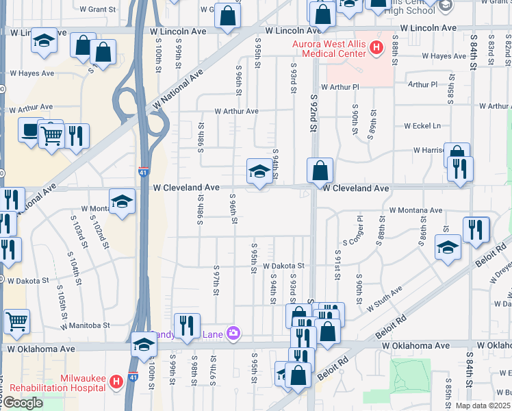 map of restaurants, bars, coffee shops, grocery stores, and more near 9501 West Cleveland Avenue in West Allis