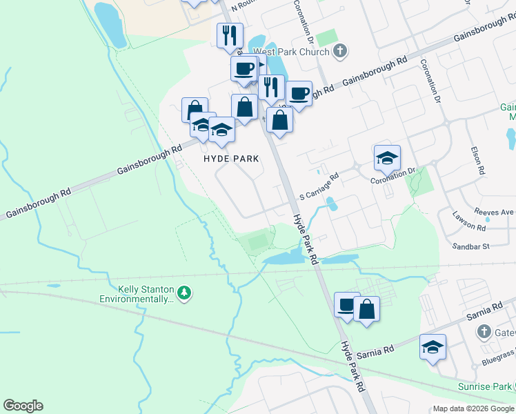map of restaurants, bars, coffee shops, grocery stores, and more near 82 South Carriage Road in London
