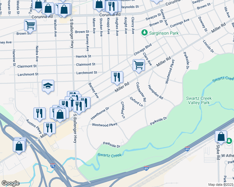 map of restaurants, bars, coffee shops, grocery stores, and more near 3117 Miller Road in Flint