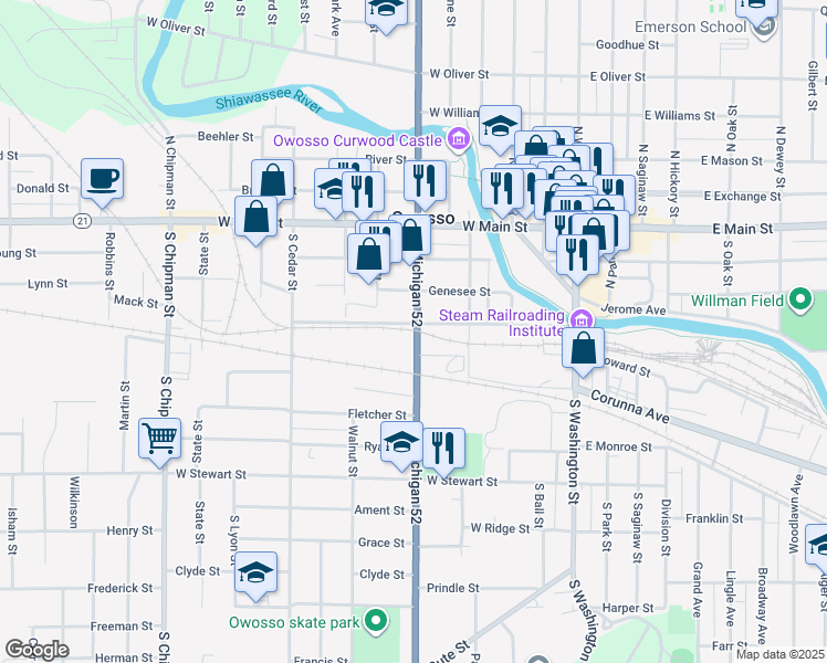 map of restaurants, bars, coffee shops, grocery stores, and more near 450 South Shiawassee Street in Owosso