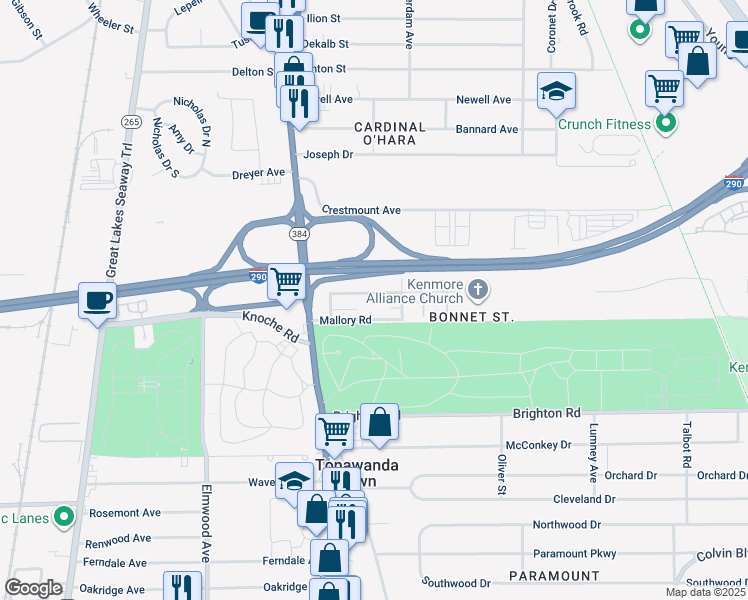 map of restaurants, bars, coffee shops, grocery stores, and more near 73 Bonnett Avenue in Tonawanda