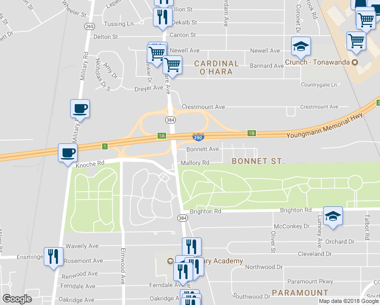 map of restaurants, bars, coffee shops, grocery stores, and more near 33 Bonnett Avenue in Tonawanda