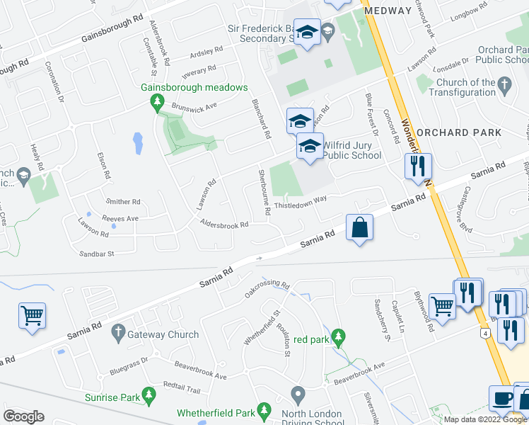map of restaurants, bars, coffee shops, grocery stores, and more near 1007 Sherbourne Road in London