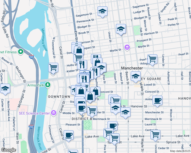 map of restaurants, bars, coffee shops, grocery stores, and more near 29 Kosciuszko Street in Manchester