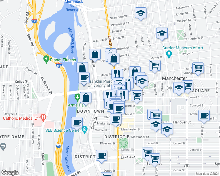 map of restaurants, bars, coffee shops, grocery stores, and more near 48 Bridge Street in Manchester