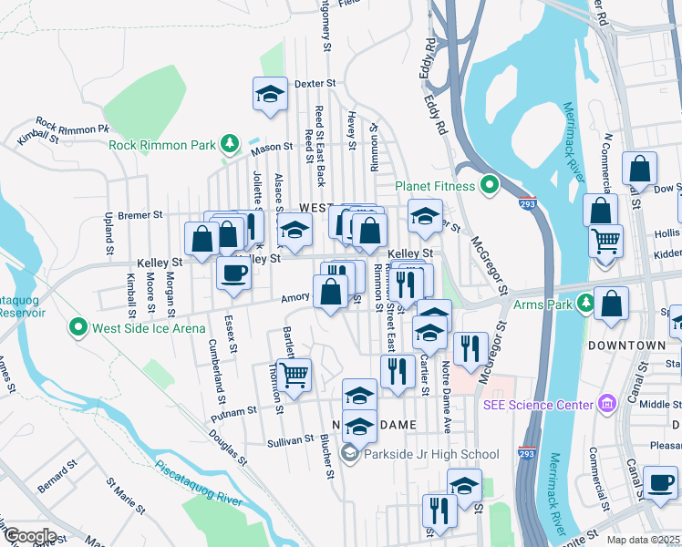 map of restaurants, bars, coffee shops, grocery stores, and more near 546 Montgomery Street in Manchester