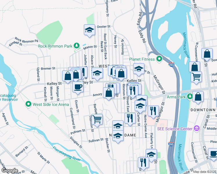 map of restaurants, bars, coffee shops, grocery stores, and more near 546 Montgomery Street in Manchester