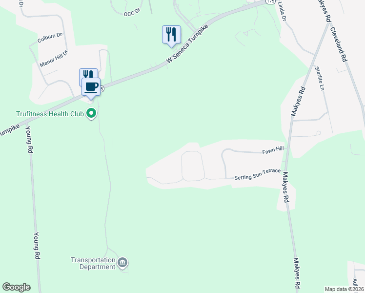 map of restaurants, bars, coffee shops, grocery stores, and more near 4627 Natures Circle in Syracuse