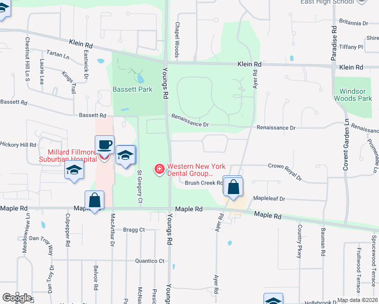 map of restaurants, bars, coffee shops, grocery stores, and more near 1055 Youngs Road in Buffalo