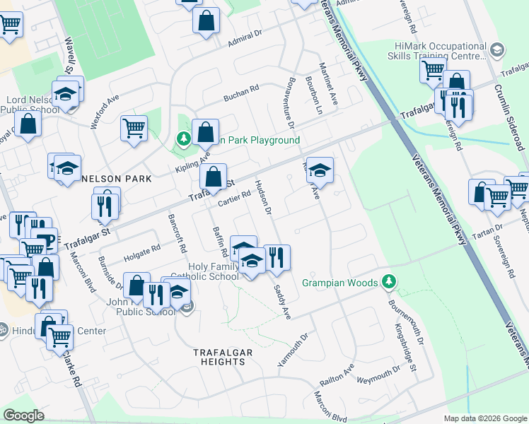 map of restaurants, bars, coffee shops, grocery stores, and more near 133 Champlain Crescent in London