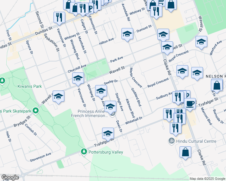 map of restaurants, bars, coffee shops, grocery stores, and more near 233 Starlight Avenue in London