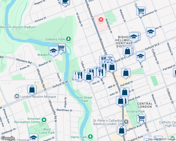 map of restaurants, bars, coffee shops, grocery stores, and more near 140 Oxford Street East in London