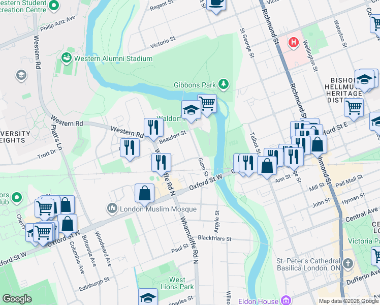map of restaurants, bars, coffee shops, grocery stores, and more near in London