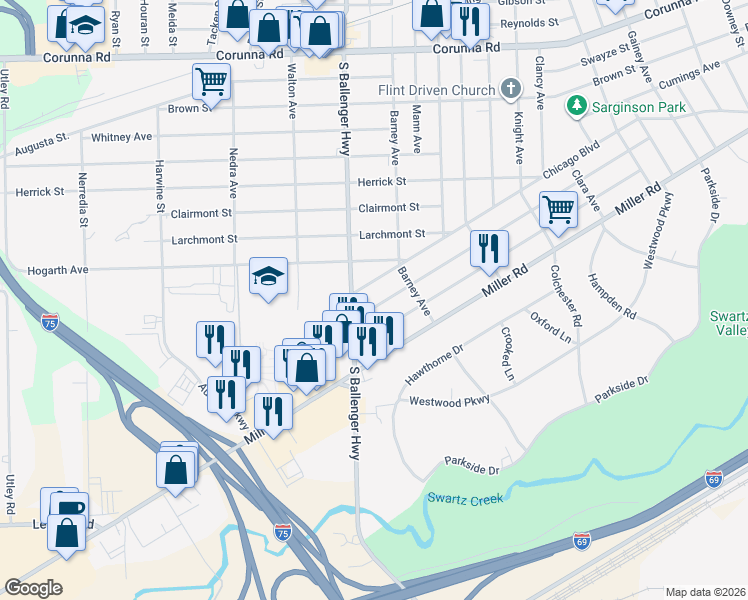 map of restaurants, bars, coffee shops, grocery stores, and more near 3505 Brandon Street in Flint