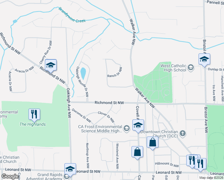map of restaurants, bars, coffee shops, grocery stores, and more near 2130 Blueberry Drive Northwest in Grand Rapids