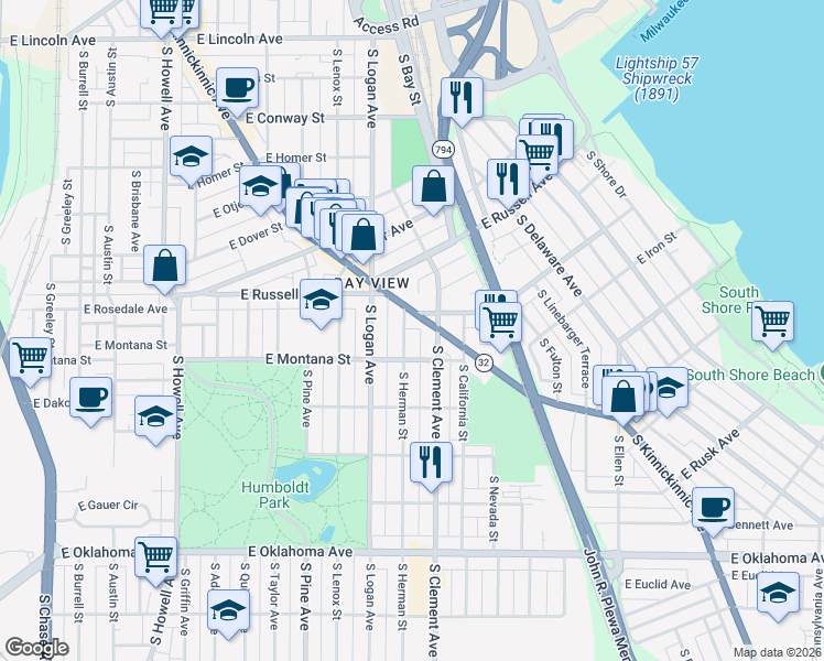 map of restaurants, bars, coffee shops, grocery stores, and more near 2740 South Herman Street in Milwaukee