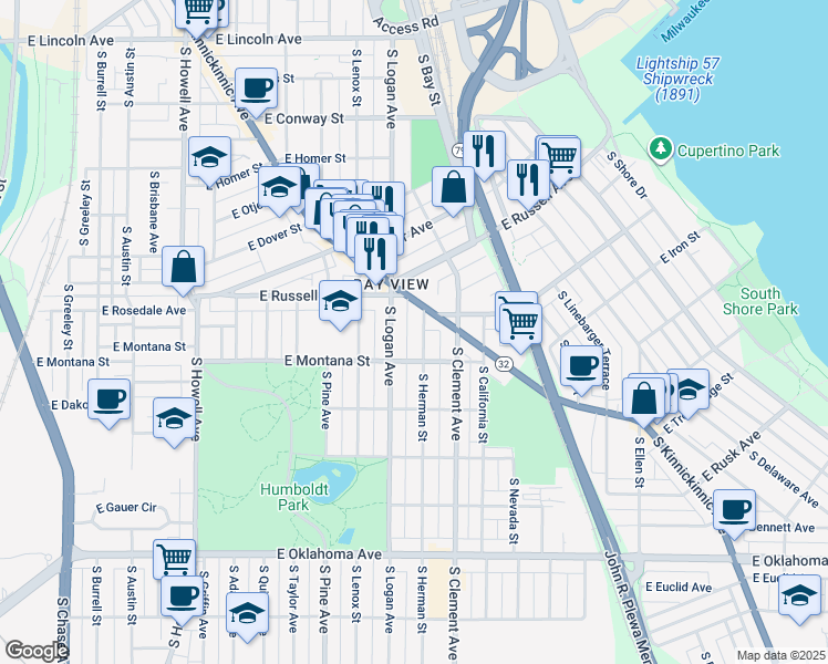 map of restaurants, bars, coffee shops, grocery stores, and more near 2740 South Herman Street in Milwaukee