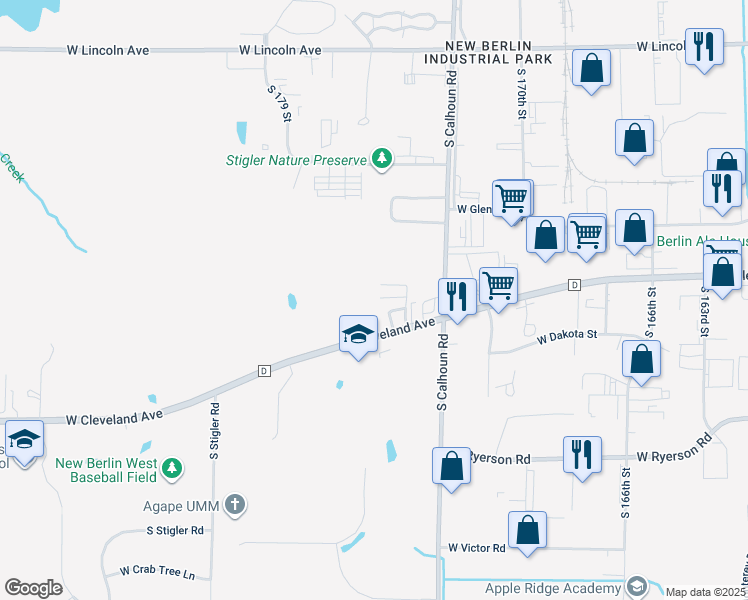 map of restaurants, bars, coffee shops, grocery stores, and more near 17310-7444 West Cleveland Avenue in New Berlin