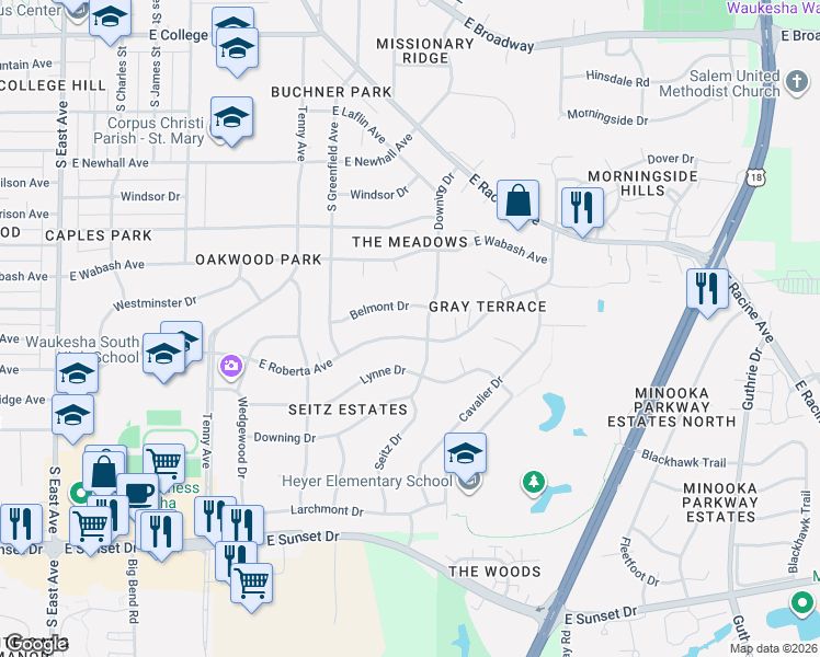 map of restaurants, bars, coffee shops, grocery stores, and more near 1106 East Roberta Avenue in Waukesha