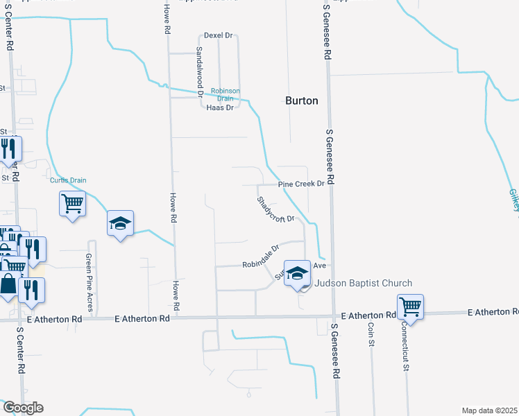 map of restaurants, bars, coffee shops, grocery stores, and more near 2336 Shadycroft Drive in Burton