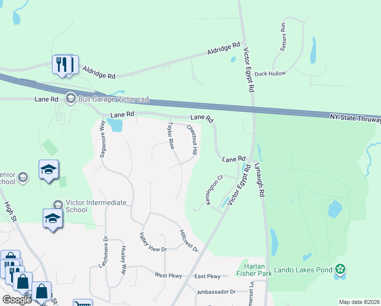 map of restaurants, bars, coffee shops, grocery stores, and more near 6870 Chestnut Hill in Victor