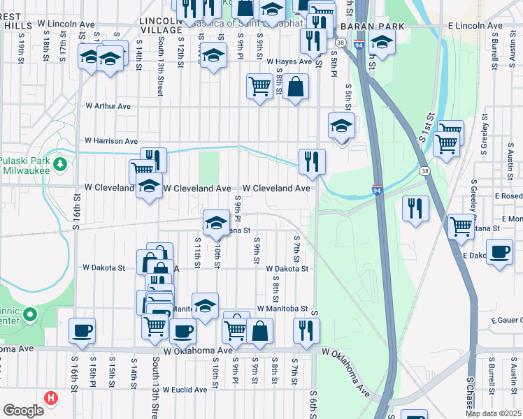 map of restaurants, bars, coffee shops, grocery stores, and more near 725R West Cleveland Avenue in Milwaukee